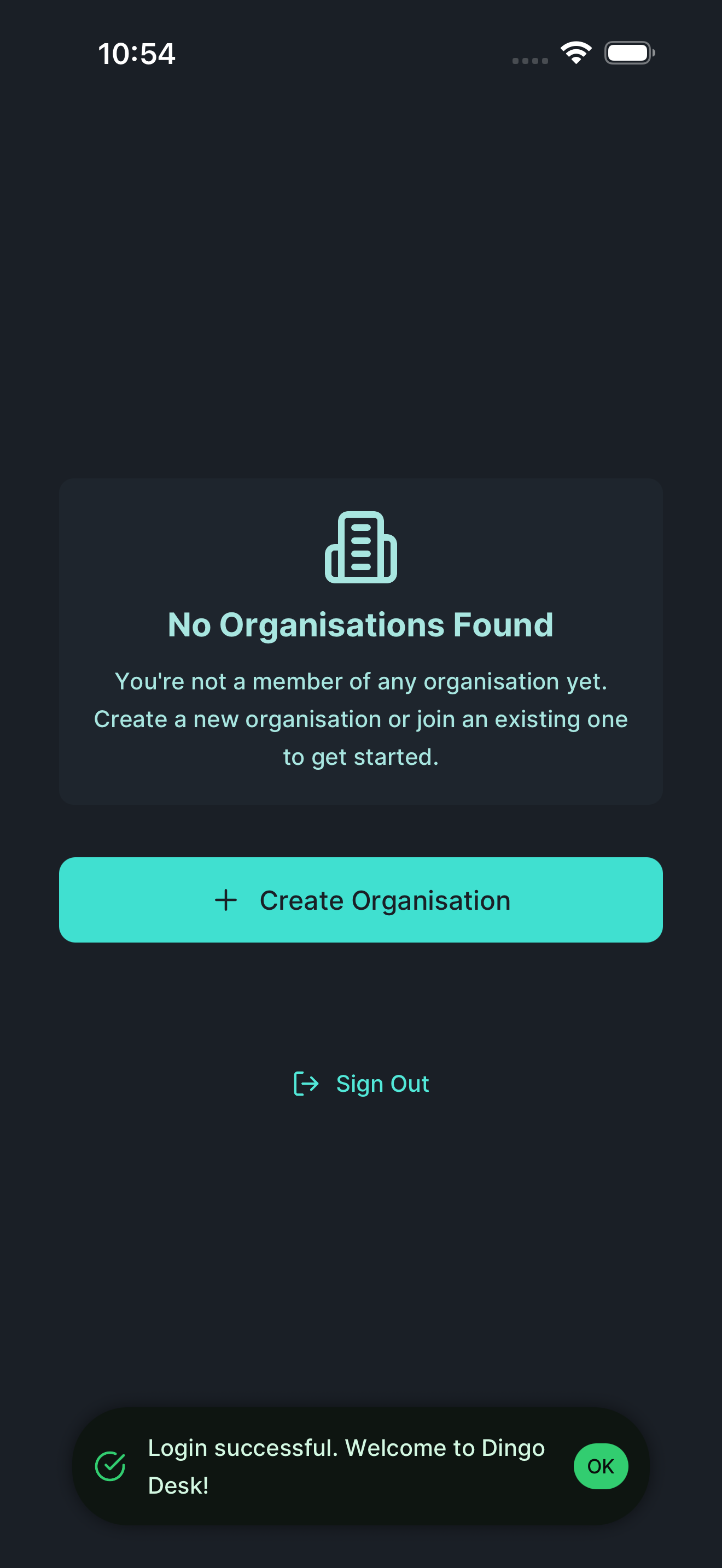 No organisations screen