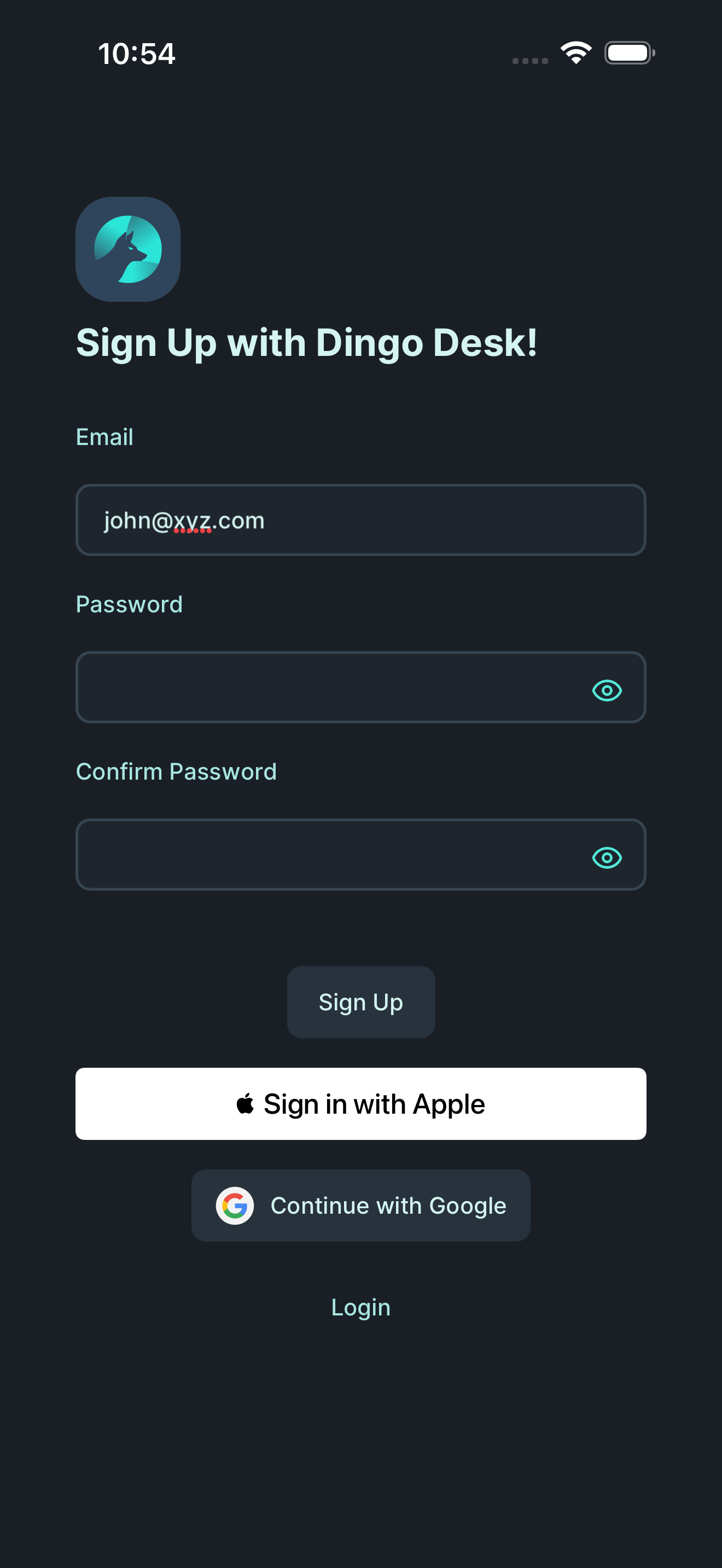 Completed sign up form