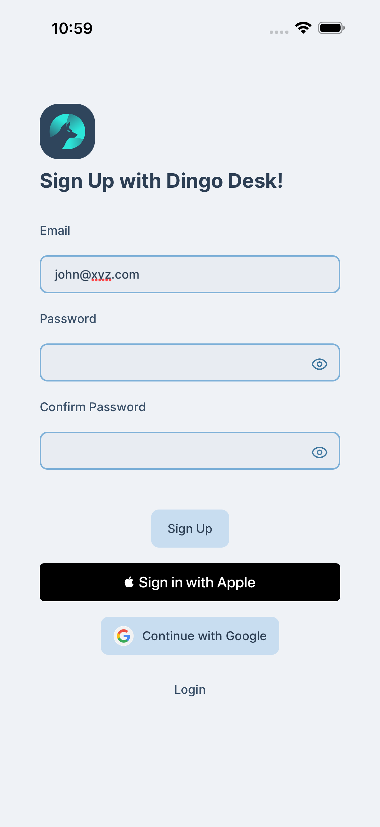 Completed sign up form